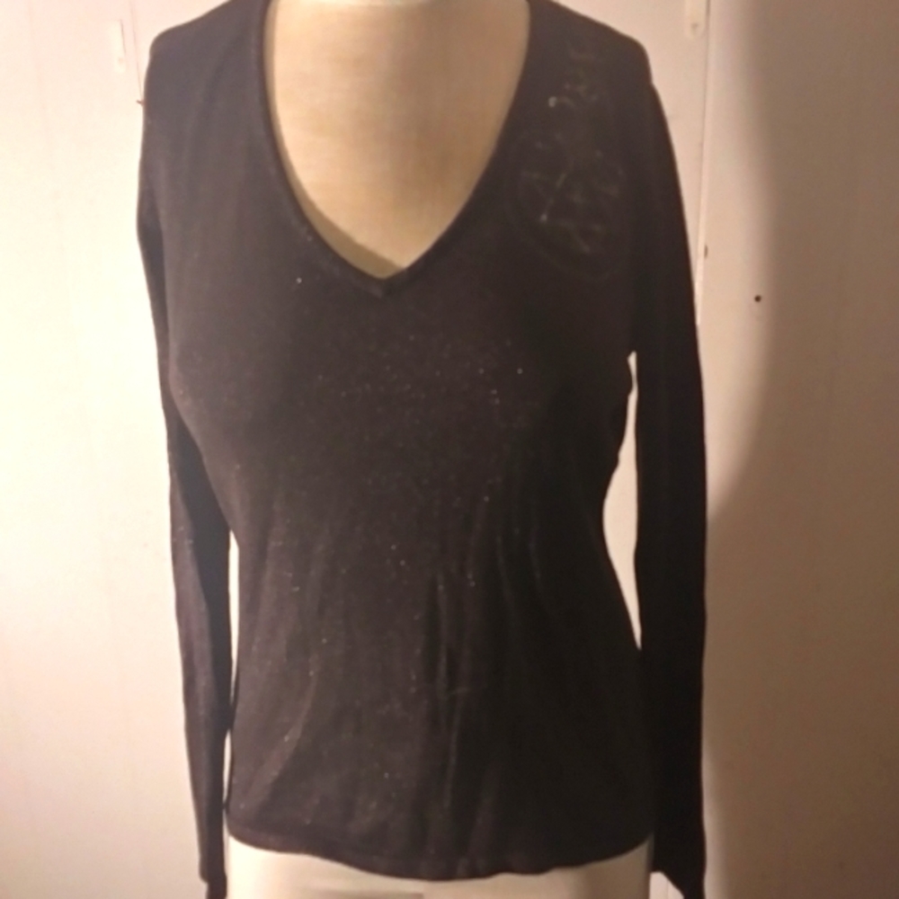 Custom upcycled painted silk metallic sparkle theosophy long sleeve tee size s